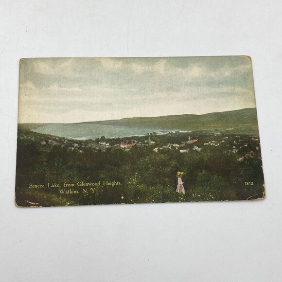Vintage Watkins NY Postcard Seneca Lake from Glenwood Heights‎ Ariel Unposted - Picture 1 of 4